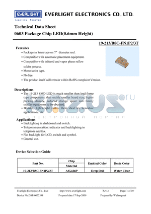 19-213-R8C-FN1P2-3T datasheet - 0603 Package Chip LED(0.6mm Height)