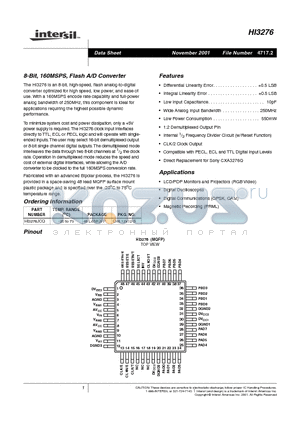 HI3276 datasheet - 8-Bit, 160MSPS, Flash A/D Converter