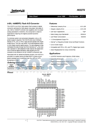 HI3276JCQ datasheet - 8-Bit, 160MSPS, Flash A/D Converter