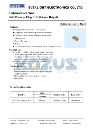 19-213-Y2C-AP1Q2B-3T datasheet - 0603 Package Chip LED (0.6mm Height)