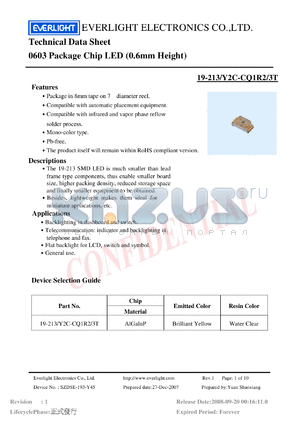 19-213-Y2C-CQ1R2-3T datasheet - 0603 Package Chip LED (0.6mm Height)