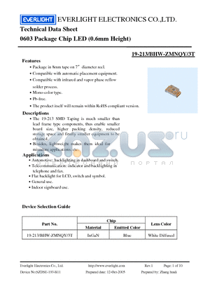 19-213/BHW-ZMNQY/3T datasheet - Chip LED (0.6mm Height)