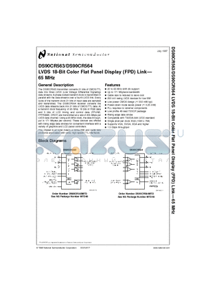 DS90CR563MTD datasheet - LVDS 18-Bit Color Flat Panel Display FPD Link 65 MHz