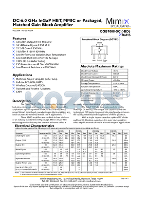CGB7008-BD datasheet - CGB7008-SC Matched Gain Block Amplifier