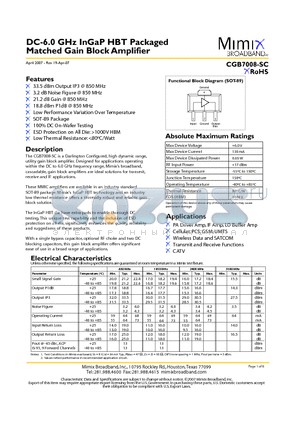 CGB7008-SC-0G00 datasheet - DC-6.0 GHz InGaP HBT Packaged Matched Gain Block Amplifier