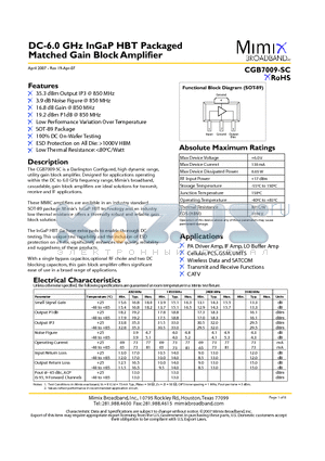 CGB7009-SC-0G0T datasheet - DC-6.0 GHz InGaP HBT Packaged Matched Gain Block Amplifier