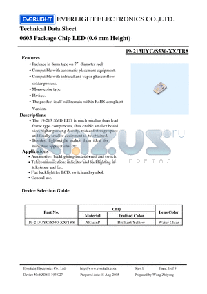 19-213UYC datasheet - Chip LED (0.6 mm Height)