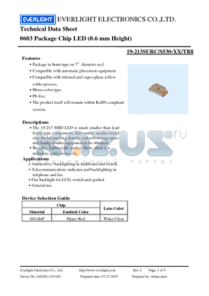 19-213SURC/S530-XX/TR8 datasheet - Chip LED (0.6 mm Height)