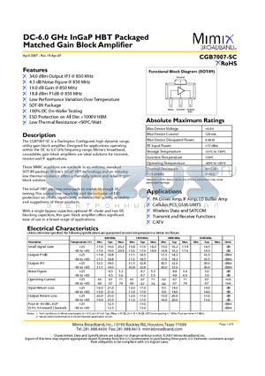 CGB7007-SC_07 datasheet - DC-6.0 GHz InGaP HBT Packaged Matched Gain Block Amplifier