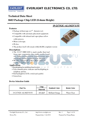 19-217-S2C-AL1M2VY-3T datasheet - 0603 Package Chip LED (0.4mm Height)