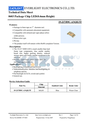 19-217-B9C-ANQE-3T datasheet - 0603 Package Chip LED(0.4mm Height)