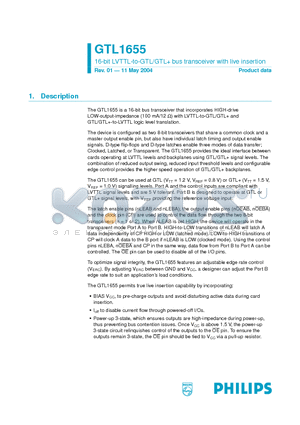 GTL1655DGG datasheet - 16-bit LVTTL-to-GTL/GTL bus transceiver with live insertion