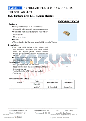 19-217-R6C-P1Q2-3T datasheet - 0603 Package Chip LED (0.4mm Height)