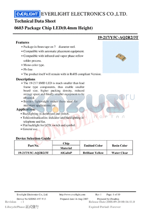 19-217-Y5C-AQ2R2-3T datasheet - 0603 Package Chip LED(0.4mm Height)