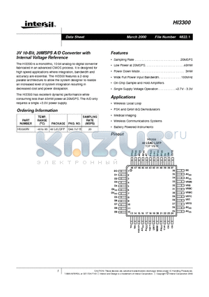 HI3300IN datasheet - 3V 10-Bit, 20MSPS A/D Converter with Internal Voltage Reference