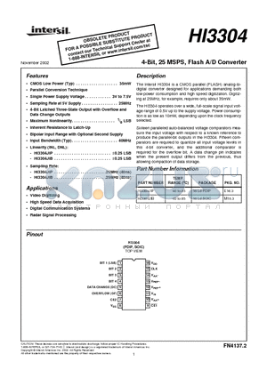 HI3304 datasheet - 4-Bit, 25 MSPS, Flash A/D Converter