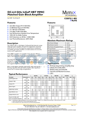 CGB7011-BD-000V datasheet - DC-6.0 GHz InGaP HBT MMIC Matched Gain Block Amplifier