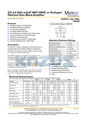 CGB7011-SC-0G0T datasheet - DC-6.0 GHz InGaP HBT, MMIC or Packaged Matched Gain Block Amplifier