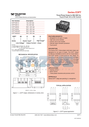 E3PT48D12 datasheet - Three-Phase Output to 50A 520 Vac Touch-Proof, AC or DC Control