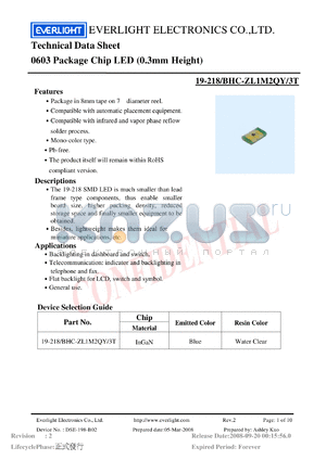 19-218-BHC-ZL1M2QY-3T datasheet - 0603 Package Chip LED (0.3mm Height)