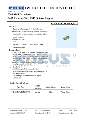 19-218-BHC-ZL1M2QY-3T datasheet - 0603 Package Chip LED (0.3mm Height)