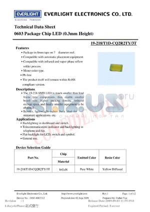 19-218-T1D-CQ2R2TY-3T datasheet - 0603 Package Chip LED (0.3mm Height)