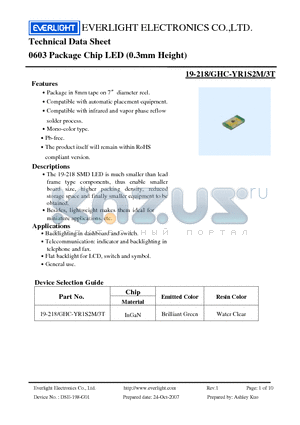 19-218-GHC-YR1S2M-3T datasheet - 0603 Package Chip LED (0.3mm Height)