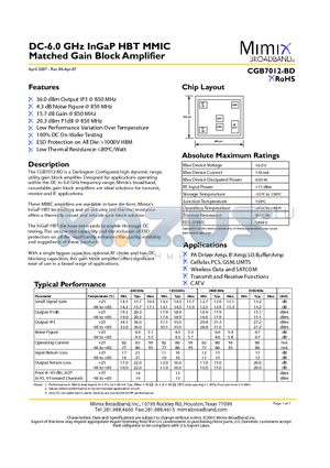 CGB7012-BD datasheet - DC-6.0 GHz InGaP HBT MMIC Matched Gain Block Amplifier