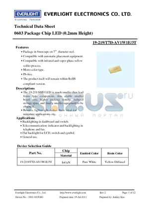 19-219-T7D-AV1W1E-3T datasheet - 0603 Package Chip LED (0.2mm Height)