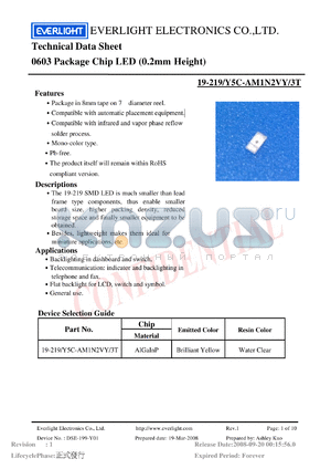 19-219-Y5C-AM1N2VY-3T datasheet - 0603 Package Chip LED (0.2mm Height)