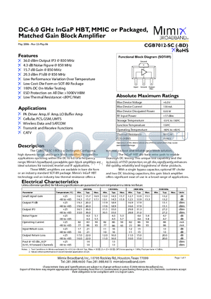 CGB7012-SC datasheet - DC-6.0 GHz InGaP HBT, MMIC or Packaged, Matched Gain Block Amplifier