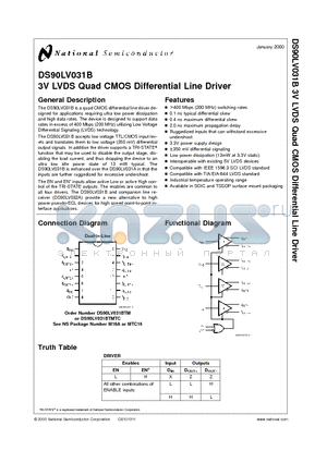 DS90LV031BTMTC datasheet - 3V LVDS Quad CMOS Differential Line Driver