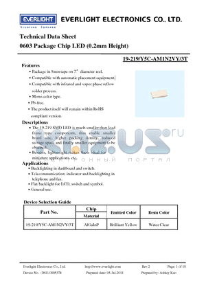 19-219-Y5C-AM1N2VY-3T datasheet - 0603 Package Chip LED (0.2mm Height)