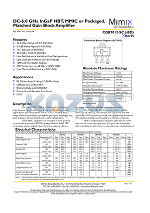 CGB7012-SC-0G00 datasheet - DC-6.0 GHz InGaP HBT, MMIC or Packaged, Matched Gain Block Amplifier