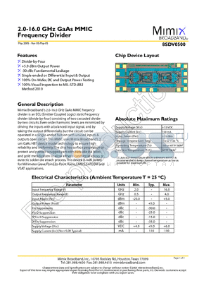 8SDV0500 datasheet - 2.0-16.0 GHz GaAs MMIC Frequency Divider