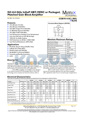 CGB7014-SC datasheet - DC-8.0 GHz InGaP HBT, MMIC or Packaged, Matched Gain Block Amplifier