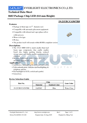 19-21UBC/C430/TR8 datasheet - Chip LED (0.8 mm Height)