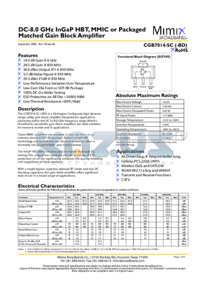 CGB7014-SC datasheet - DC-8.0 GHz InGaP HBT, MMIC or Packaged Matched Gain Block Amplifier