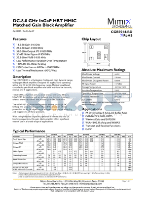 CGB7014-BD-000V datasheet - DC-8.0 GHz InGaP HBT MMIC Matched Gain Block Amplifier
