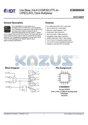 8S89834AKILF datasheet - Low Skew, 2-to-4 LVCMOS/LVTTL-to-LVPECL/ECL Clock Multiplexer