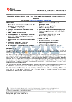 DS90UB927Q datasheet - 5MHz - 85MHz 24-bit Color FPD-Link III Serializer with Bidirectional Control Channel