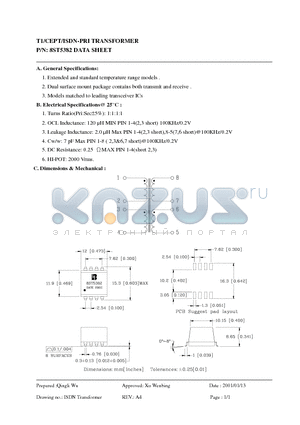 8ST5382 datasheet - T1/CEPT/ISDN-PRI TRANSFORMER