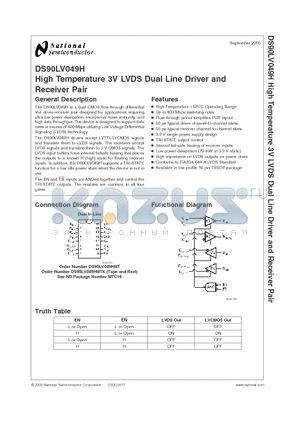 DS90LV049HMTX datasheet - High Temperature 3V LVDS Dual Line Driver and Receiver Pair