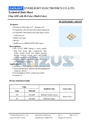 19-223-G6S2C-A01-2T datasheet - Chip LED with Bi-Color (Multi-Color)