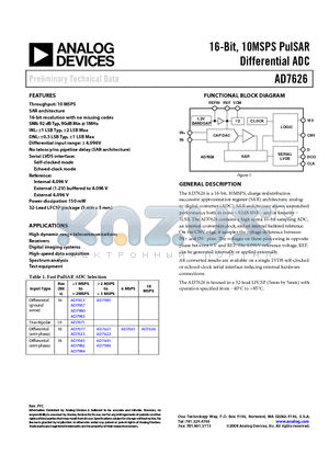 AD7626 datasheet - 16-Bit, 10MSPS PulSAR Differential ADC