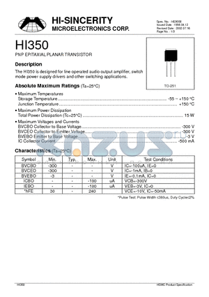 HI350 datasheet - PNP EPITAXIAL PLANAR TRANSISTOR