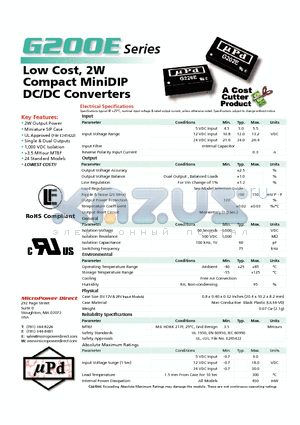 G201E datasheet - Low Cost, 2W Compact MiniDIP DC/DC Converters