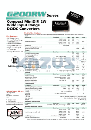 G201RW datasheet - Compact MiniDIP, 2W Wide Input Range DC/DC Converters
