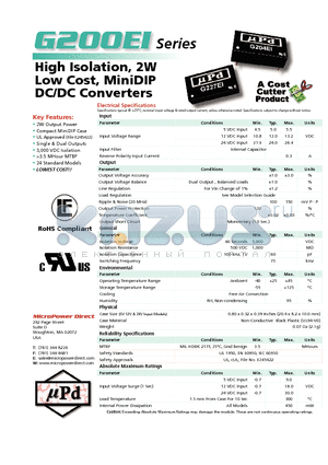 G203EI datasheet - High Isolation, 2W Low Cost, MiniDIP DC/DC Converters