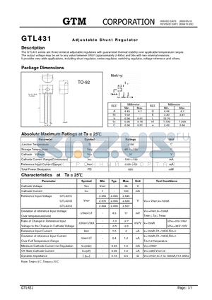 GTL431 datasheet - ADJUSTABLE SHUNT REGULATOR